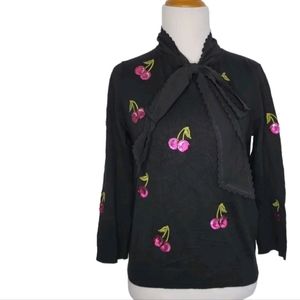 ISO Kate Spade cherry sequin black silk neck tie sweater